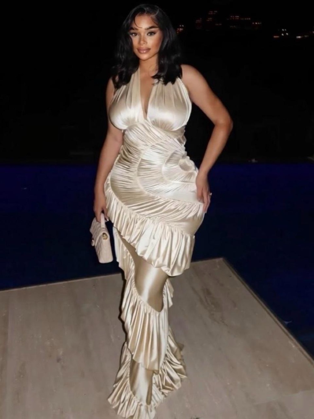 Ruched Satin Halter Maxi Dress in Cream